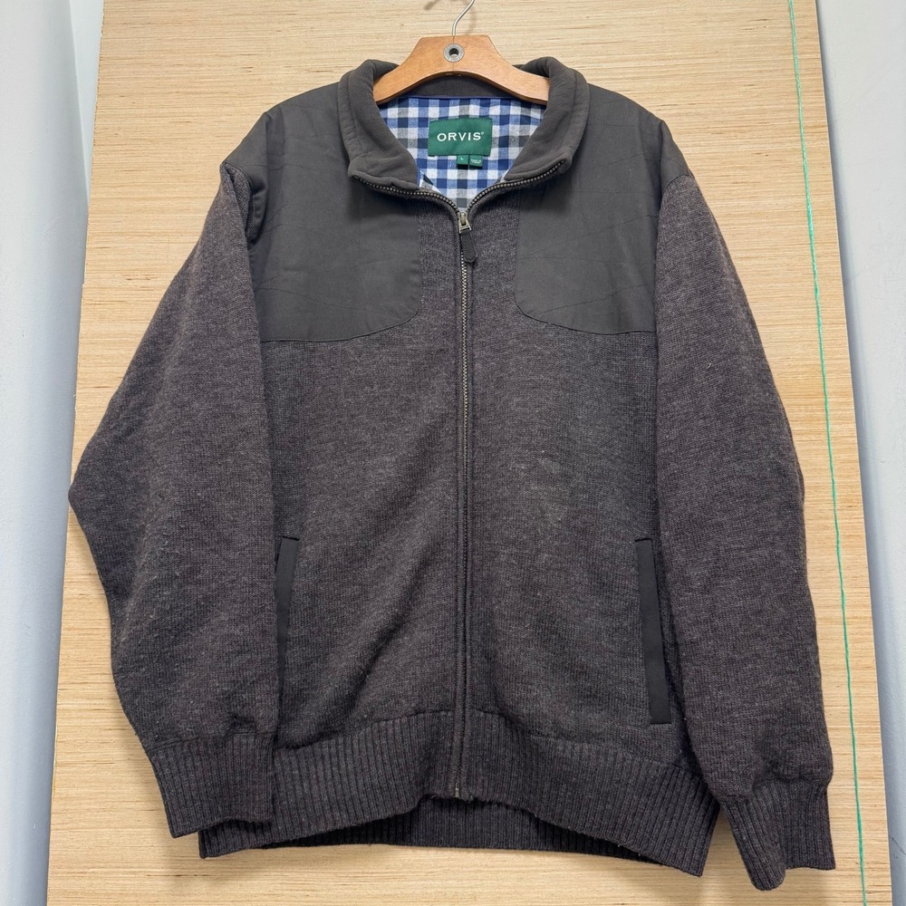 Orvis Mens Full Zip Knit Cardigan Sweater Brown Shoulder Patches Size L Large